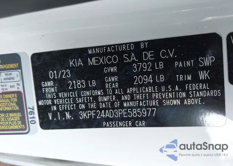 2023 Kia Forte Lxs z USA, uszkodzony, nr VIN 3KPF24AD3PE585977